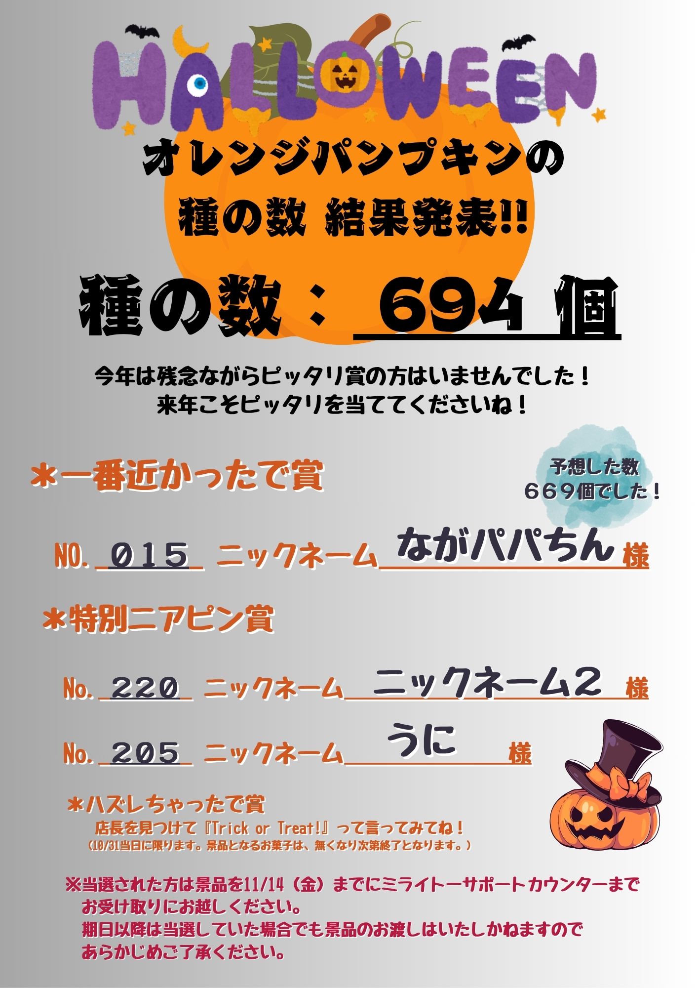 《結果発表》オレンジパンプキンの種の数を当てよう！
